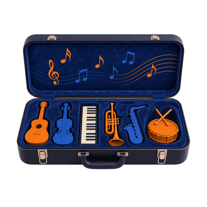 Open instrument case with music gear cutout